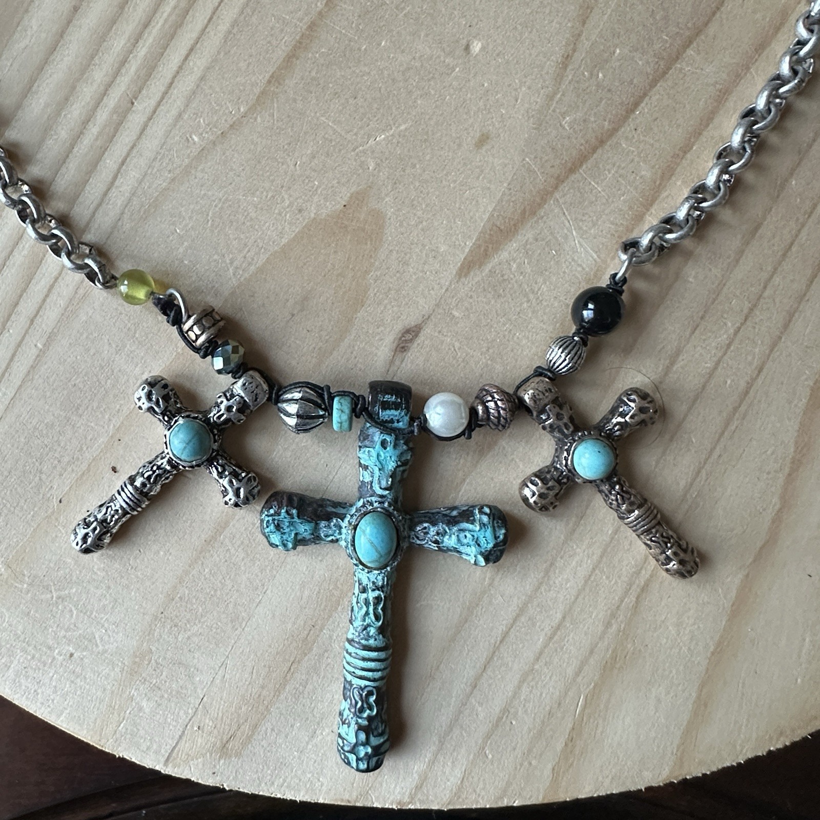 Vintage Cross Necklace 22 Inch Faux Turquoise Bead Silver Tone Chain Boho 25$